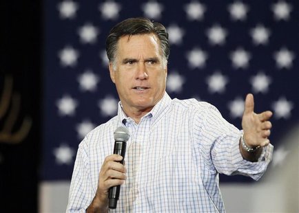 Republican presidential candidate Mitt Romney speaks at a campaign event at an RV dealer in Loveland