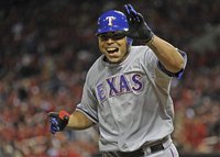 Texas Rangers' Cruz celebrates after his solo home run against the St. Louis Cardinals during the seventh inning in Game 6 of MLB' World Ser