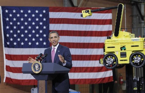 U.S. President Barack Obama speaks after touring Carnegie Mellon's Robotics engineering center in Pittsburgh U.S. President Barack Obama speaks after touring Carnegie Mellon's Robotics engineering center in Pittsburgh