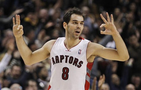 Raptors Calderon celebrates a three point shot against the Lakers during their NBA basketball game in Toronto Raptors Calderon celebrates a three point shot against the Lakers during their NBA basketball game in Toronto