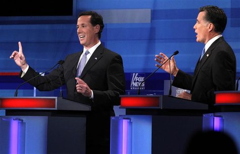 Republican presidential candidates Santorum and Romney discuss a point during a Republican presidential candidates debate in Myrtle Beach Republican presidential candidates Santorum and Romney discuss a point during a Republican presidential candidates debate in Myrtle Beach