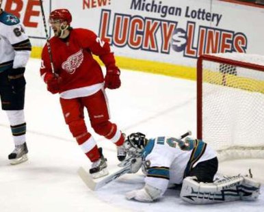 Detroit Red Wings left wing Drew Miller celebrates a goal against the San Jose Sharks in Joe Louis Arena. REUTERS/Rebecca Cook 
