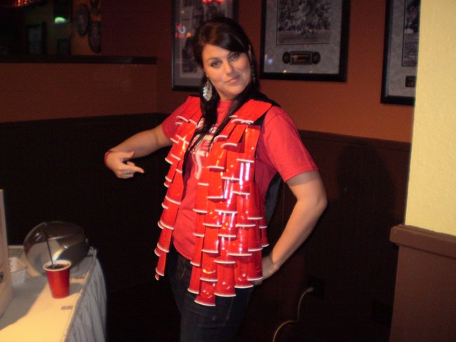 She can't take credit for the vest. Manager of Antonio's created this masterpiece.