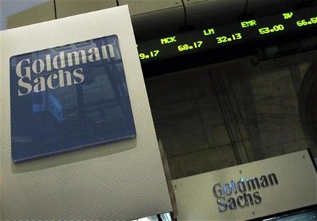 A Goldman Sachs sign is seen over their kiosk on the floor of the New York Stock Exchange