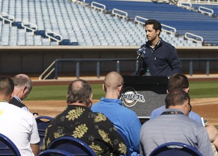 Milwaukee Brewers left fielder Ryan Braun acknowledges the media and teammates after winning an appeal of a positive drug test and 50-game s Milwaukee Brewers left fielder Ryan Braun acknowledges the media and teammates after winning an appeal of a positive drug test and 50-game s