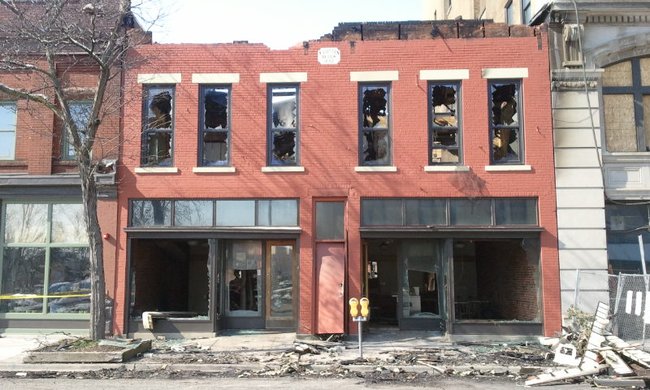 View from the front of Sarkozy Bakery in Downtown Kalamazoo.