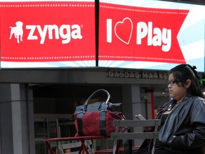 The corporate logo for Zynga is seen on a screen outside the Nasdaq Market Site in New York The corporate logo for Zynga is seen on a screen outside the Nasdaq Market Site in New York