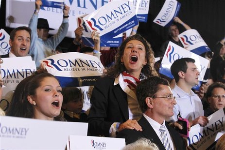 Supporters of Republican U.S. presidential candidate and former Massachusetts Governor Mitt Romney sing at his "Super Tuesday" primary elect Supporters of Republican U.S. presidential candidate and former Massachusetts Governor Mitt Romney sing at his "Super Tuesday" primary elect