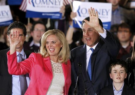Republican presidential candidate and former Massachusetts Governor Mitt Romney waves with his wife Ann at his "Super Tuesday" primary elect Republican presidential candidate and former Massachusetts Governor Mitt Romney waves with his wife Ann at his "Super Tuesday" primary elect