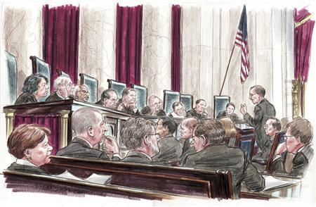 In this courtroom illustration, U.S. Solicitor General Donald Verrilli (R) speaks at the lectern to members of the U.S. Supreme Court in Washington March 27, 2012. REUTERS/Art Lien In this courtroom illustration, U.S. Solicitor General Donald Verrilli (R) speaks at the lectern to members of the U.S. Supreme Court in Washington March 27, 2012. REUTERS/Art Lien