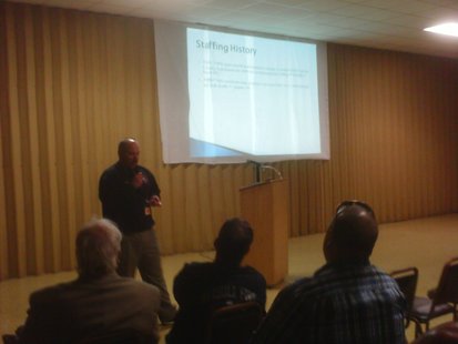 Merrill assistant fire chief Steve Hintz goes over funding and staffing issues for the department at a public meeting, April 24 2012 Merrill assistant fire chief Steve Hintz goes over funding and staffing issues for the department at a public meeting, April 24 2012