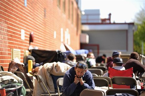 Job seekers wait in front of the training offices of Local Union 46, the union representing metallic lathers and reinforcing ironworkers, in Job seekers wait in front of the training offices of Local Union 46, the union representing metallic lathers and reinforcing ironworkers, in