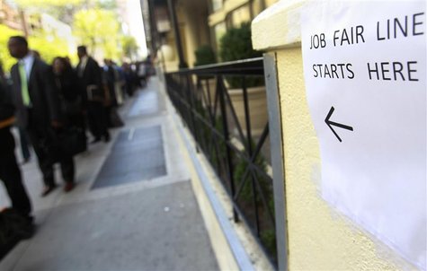 People wait in line to enter a job fair in New York April 18, 2012. REUTERS/Shannon Stapleton People wait in line to enter a job fair in New York April 18, 2012. REUTERS/Shannon Stapleton