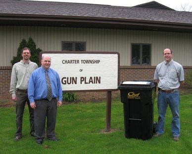 Mike VanDenBerg, Gun Plain Charter Township Supervisor (L), Ben Williams,Allegan Co Recycling and Resource Coordinator (C) and Matt Biolette,Chef Container Associate & Project Manager (R) after the township approved a five-year deal with Chef Container for single-stream recycling service. (photo courtesy Chef Container) Mike VanDenBerg, Gun Plain Charter Township Supervisor (L), Ben Williams,Allegan Co Recycling and Resource Coordinator (C) and Matt Biolette,Chef Container Associate & Project Manager (R) after the township approved a five-year deal with Chef Container for single-stream recycling service. (photo courtesy Chef Container)