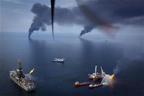 Oil is burned off the surface of the water near the source of the Deepwater Horizon spill in the Gulf of Mexico off the coast of Louisiana J Oil is burned off the surface of the water near the source of the Deepwater Horizon spill in the Gulf of Mexico off the coast of Louisiana J