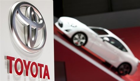 A logo is seen on Toyota's booth during the first media day of the Geneva Auto Show at the Palexpo in Geneva, March 6, 2012. REUTERS/Valenti A logo is seen on Toyota's booth during the first media day of the Geneva Auto Show at the Palexpo in Geneva, March 6, 2012. REUTERS/Valenti