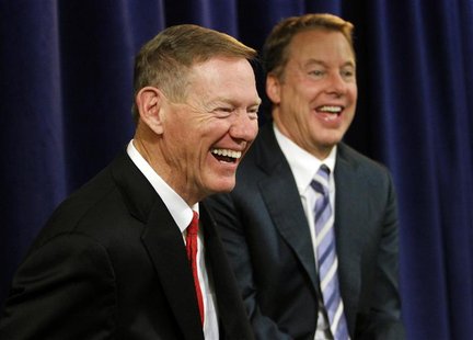 Chairman of the board of the Ford Motor Company, William Ford (R) and Ford President Alan Mulally laugh during a news conference after the a Chairman of the board of the Ford Motor Company, William Ford (R) and Ford President Alan Mulally laugh during a news conference after the a