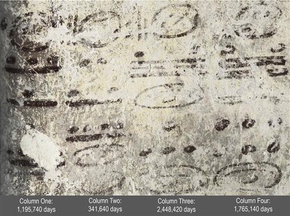 Four long numbers on the north wall of a ruined Mayan house relating to the Maya calendar and computations about the moon, sun and possibly Four long numbers on the north wall of a ruined Mayan house relating to the Maya calendar and computations about the moon, sun and possibly