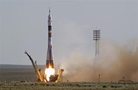 The Soyuz TMA-04M spacecraft carrying the International Space Station (ISS) crew of U.S. astronaut Joseph Acaba and Russian cosmonauts Genna