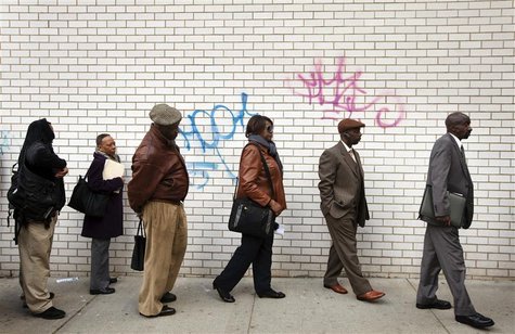 Jobseekers stand in line to attend the Dr. Martin Luther King Jr. career fair held by the New York State department of Labor in New York Apr Jobseekers stand in line to attend the Dr. Martin Luther King Jr. career fair held by the New York State department of Labor in New York Apr