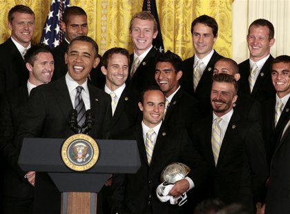 U.S. President Barack Obama talks about members of the 2011 Major League Soccer champions, Los Angeles Galaxy soccer team, in the East Room U.S. President Barack Obama talks about members of the 2011 Major League Soccer champions, Los Angeles Galaxy soccer team, in the East Room
