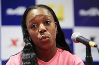 Sprinter Veronica Campbell-Brown of Jamaica speaks during a news conference ahead of the IAAF Diamond League Athletics meet in Shanghai May 