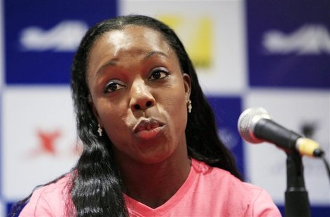 Sprinter Veronica Campbell-Brown of Jamaica speaks during a news conference ahead of the IAAF Diamond League Athletics meet in Shanghai May Sprinter Veronica Campbell-Brown of Jamaica speaks during a news conference ahead of the IAAF Diamond League Athletics meet in Shanghai May