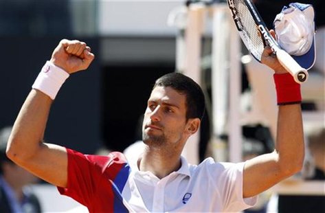 Novak Djokovic of Serbia celebrates after he won his match against Juan Monaco of Argentina at the Rome Masters tennis tournament May 17, 20 Novak Djokovic of Serbia celebrates after he won his match against Juan Monaco of Argentina at the Rome Masters tennis tournament May 17, 20