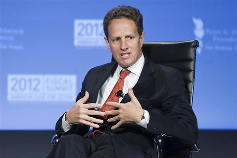 U.S. Treasury Secretary Timothy Geithner speaks during an onstage interview at the Peterson Foundation 2012 Fiscal Summit in Washington, May U.S. Treasury Secretary Timothy Geithner speaks during an onstage interview at the Peterson Foundation 2012 Fiscal Summit in Washington, May