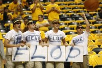 Indiana Pacers fans taunt the Miami Heat players before the first quarter of Game 3 of their NBA Eastern Conference second round basketball 