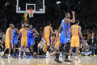 Oklahoma City Thunder small forward Kevin Durant (35) celebrates his three-point shot to defeat the Los Angeles Lakers during Game 4 of thei