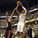 Indiana Pacers forward Danny Granger (33) shoots the basketball defended by Miami Heat forward Shane Battier during the fourth quarter of Ga Indiana Pacers forward Danny Granger (33) shoots the basketball defended by Miami Heat forward Shane Battier during the fourth quarter of Ga