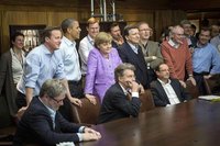 Prime Minister David Cameron of Britain (centre L-R), U.S. President Barack Obama, Chancellor Angela Merkel of Germany, Jose Manuel Barroso,