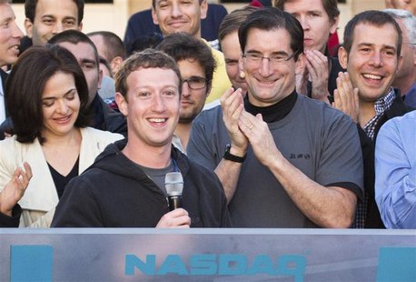 Facebook Chief Executive Mark Zuckerberg addresses the crowd after remotely ringing the Nasdaq's opening bell as Nasdaq Chief Executive Robe Facebook Chief Executive Mark Zuckerberg addresses the crowd after remotely ringing the Nasdaq's opening bell as Nasdaq Chief Executive Robe