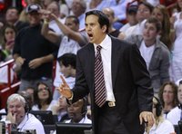 Miami Heat head coach Erik Spoelstra directs his team against the Indiana Pacers in the second quarter during Game 5 of their NBA Eastern Co