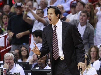 Miami Heat head coach Erik Spoelstra directs his team against the Indiana Pacers in the second quarter during Game 5 of their NBA Eastern Co Miami Heat head coach Erik Spoelstra directs his team against the Indiana Pacers in the second quarter during Game 5 of their NBA Eastern Co