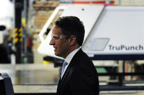 U.S. Treasury Secretary Timothy Geithner takes a tour of the Marlin Steel Wire Products factory in Baltimore, Maryland, May 17, 2012. REUTER U.S. Treasury Secretary Timothy Geithner takes a tour of the Marlin Steel Wire Products factory in Baltimore, Maryland, May 17, 2012. REUTER