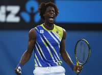 Gael Monfils of France reacts during his men's singles match against Mikhail Kukushkin of Kazakhstan at the Australian Open tennis tournamen