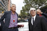 Formula One chairman Peter Brabeck-Letmathe (L) looks on next to Formula One commercial supremo Bernie Ecclestone during the Monaco F1 Grand
