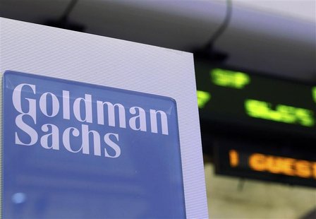A Goldman Sachs sign is seen on at the company's post on the floor of the New York Stock Exchange, in this January 18, 2012, file photo. REU A Goldman Sachs sign is seen on at the company's post on the floor of the New York Stock Exchange, in this January 18, 2012, file photo. REU