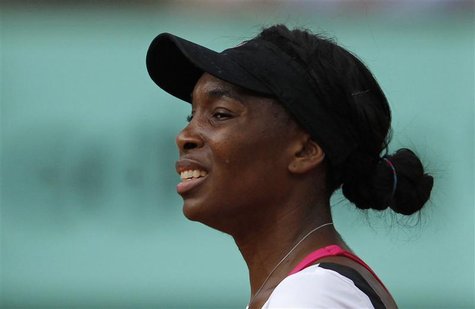 Venus Williams of the U.S. reacts during her match against Paula Ormaechea of Argentina during the French Open tennis tournament at the Rola Venus Williams of the U.S. reacts during her match against Paula Ormaechea of Argentina during the French Open tennis tournament at the Rola