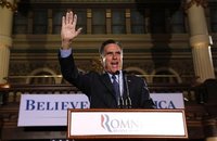 U.S. Republican presidential candidate and former Governor of Massachusetts Mitt Romney addresses supporters during his Wisconsin and Maryla