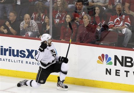 Los Angeles Kings' Drew Doughty celebrates after scoring on the New Jersey Devils during the first period in Game 2 of the NHL Stanley Cup h Los Angeles Kings' Drew Doughty celebrates after scoring on the New Jersey Devils during the first period in Game 2 of the NHL Stanley Cup h