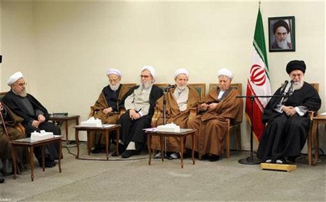 Iran's Supreme Leader Ayatollah Ali Khamenei (R) meets with members of the Assembly of Experts in Tehran March 8, 2012. REUTERS/Khamenei.ir/ Iran's Supreme Leader Ayatollah Ali Khamenei (R) meets with members of the Assembly of Experts in Tehran March 8, 2012. REUTERS/Khamenei.ir/
