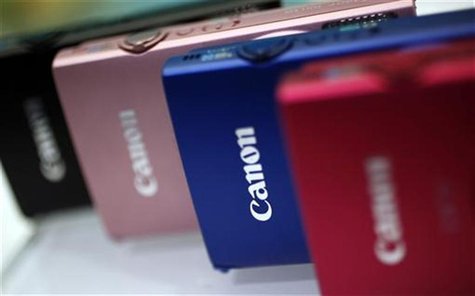 Digital cameras from Canon Inc.'s compact IXY series are displayed at a Canon showroom in Tokyo April 24, 2012. REUTERS/Toru Hanai Digital cameras from Canon Inc.'s compact IXY series are displayed at a Canon showroom in Tokyo April 24, 2012. REUTERS/Toru Hanai