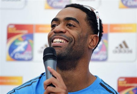 Sprinter Tyson Gay of the U.S. answers a question during a news conference for the IAAF World Championships in Daegu, August 25, 2011. REUTE Sprinter Tyson Gay of the U.S. answers a question during a news conference for the IAAF World Championships in Daegu, August 25, 2011. REUTE