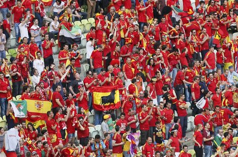 Spain's fans wait for the start of their Group C Euro 2012 soccer match against Italy at the PGE Arena stadium in Gdansk, June 10, 2012. REU Spain's fans wait for the start of their Group C Euro 2012 soccer match against Italy at the PGE Arena stadium in Gdansk, June 10, 2012. REU