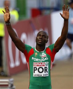 Portugal's Francis Obikwelu salutes the public after winning Heat 2 of the 100 meters at the European Team Championship in Leiria city stadi Portugal's Francis Obikwelu salutes the public after winning Heat 2 of the 100 meters at the European Team Championship in Leiria city stadi