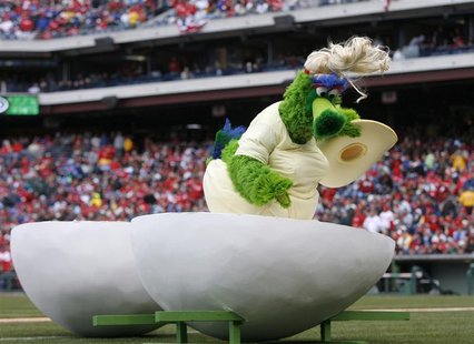 The Philly Phanatic dressed as "Lady Pha Pha" climbs out of her egg onto the field during Philadelphia Phillies versus the Houston Astros ML The Philly Phanatic dressed as "Lady Pha Pha" climbs out of her egg onto the field during Philadelphia Phillies versus the Houston Astros ML