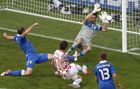Croatia's Mario Mandzukic (C) scores a goal against Italy during their Group C Euro 2012 soccer match at the ctiy stadium in Poznan June 14, Croatia's Mario Mandzukic (C) scores a goal against Italy during their Group C Euro 2012 soccer match at the ctiy stadium in Poznan June 14,